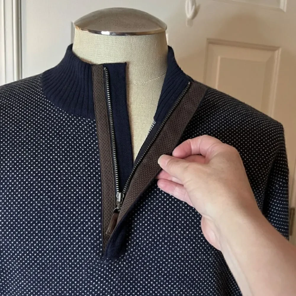 $278 NWOT Men's Peter Millar Jacquard Wool Quarter Zip Sweater Navy Dot Size XL - Picture 3 of 7